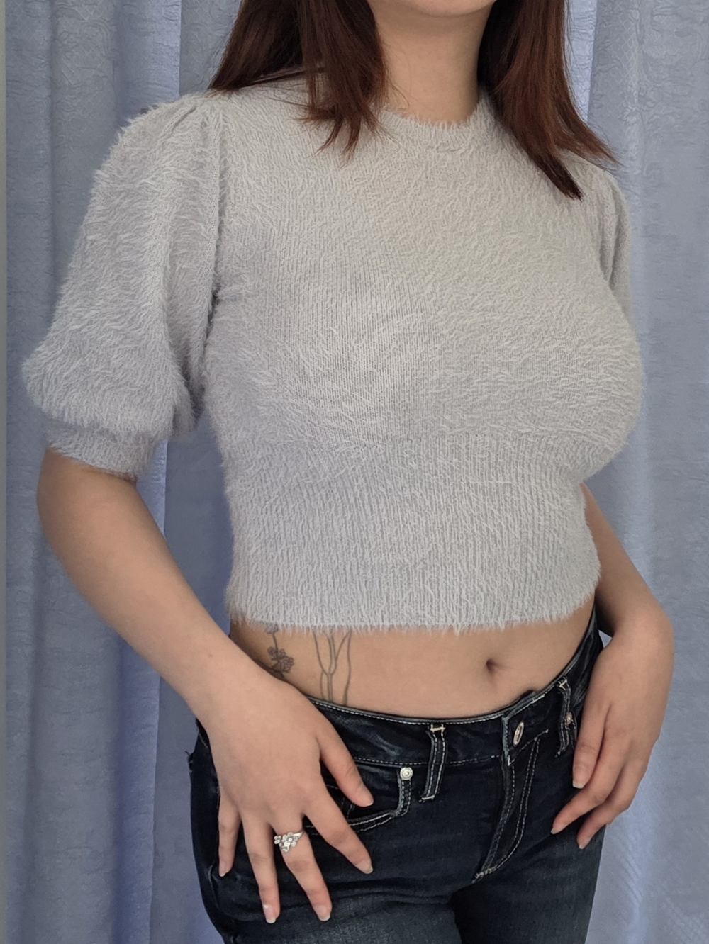 Zara Light Gray Fuzzy Puff-Sleeve Cropped Top
